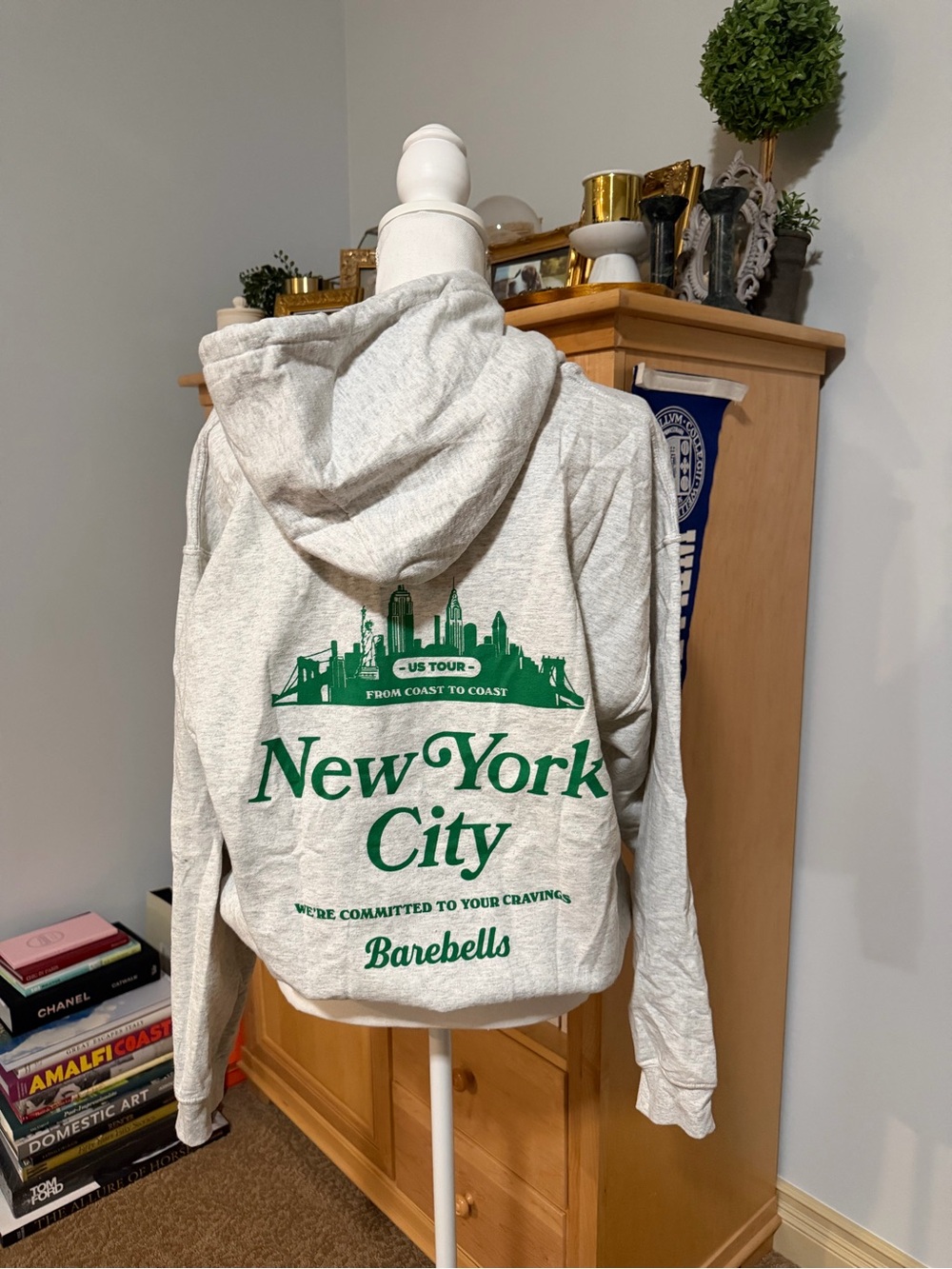 NEW New York City Barebells Hoodie Size Large - Light Gray with Green Print